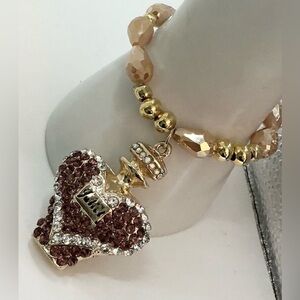 JULIET PERFUME BOTTLE RHINESTONE BROWN CHARM IRIDESCENT BEAD STRETCH BRACELET